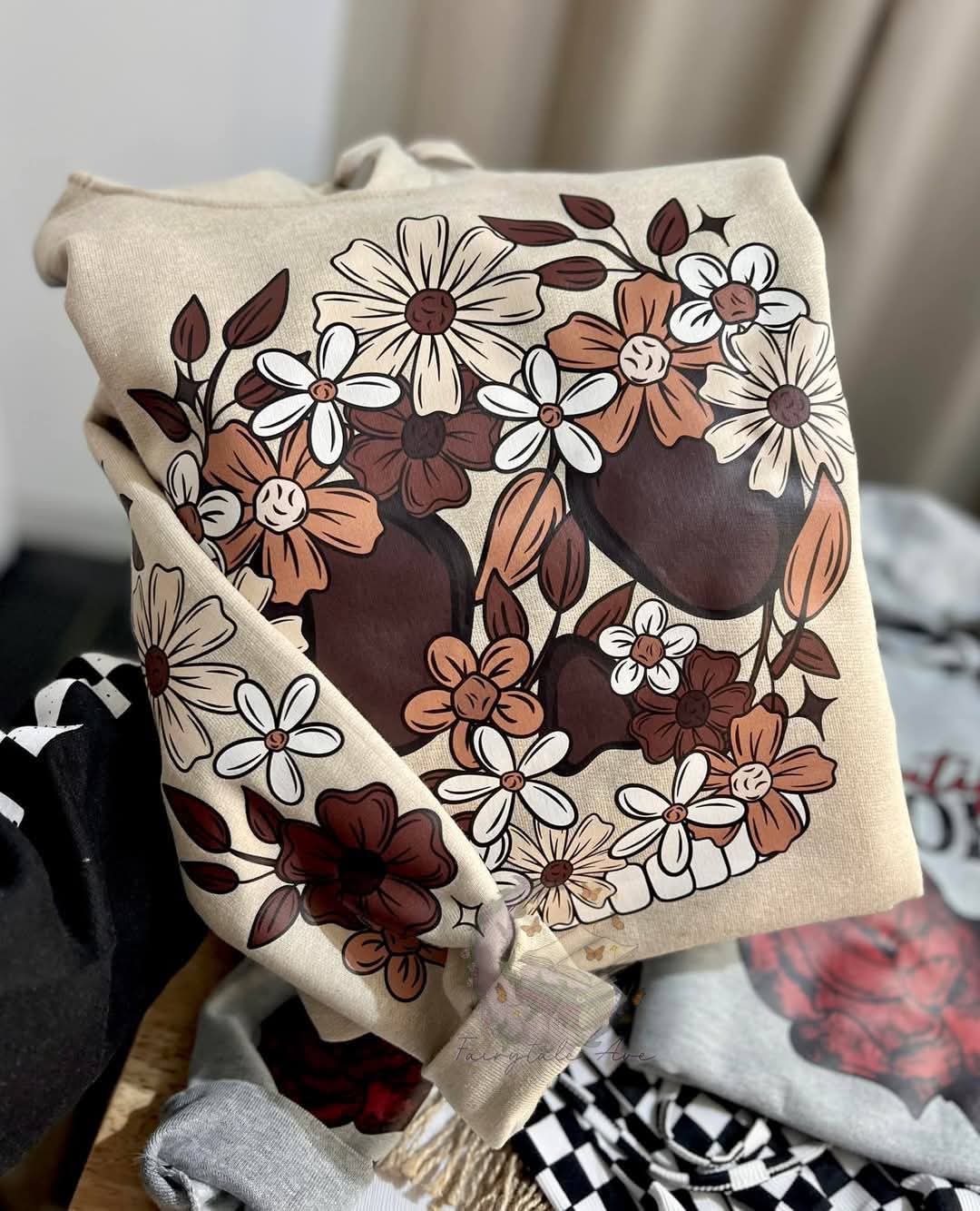 Brown Floral Skull With Sleeves Sweatshirt or Hoodie
