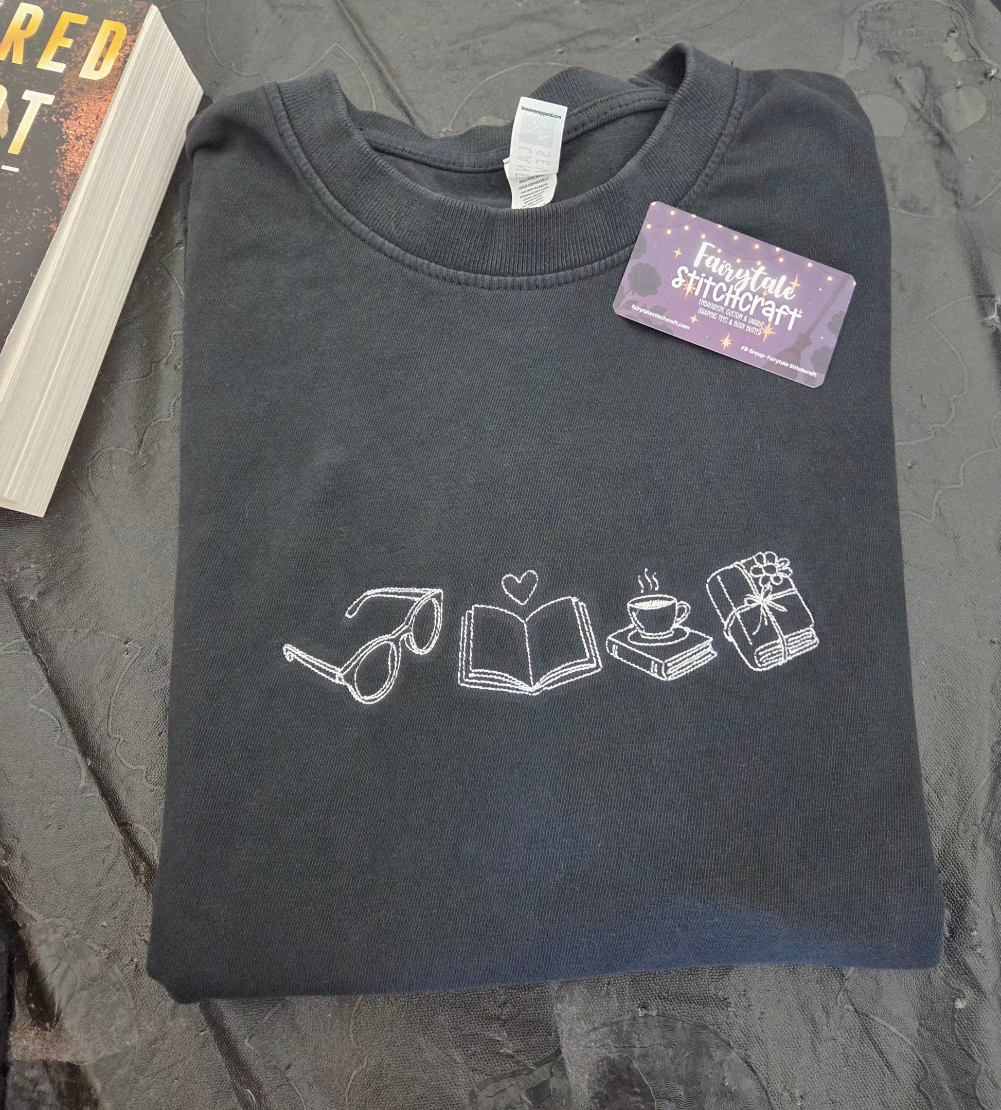 Chapters and Coffee Embroidered Tshirt Fairytaleavenue