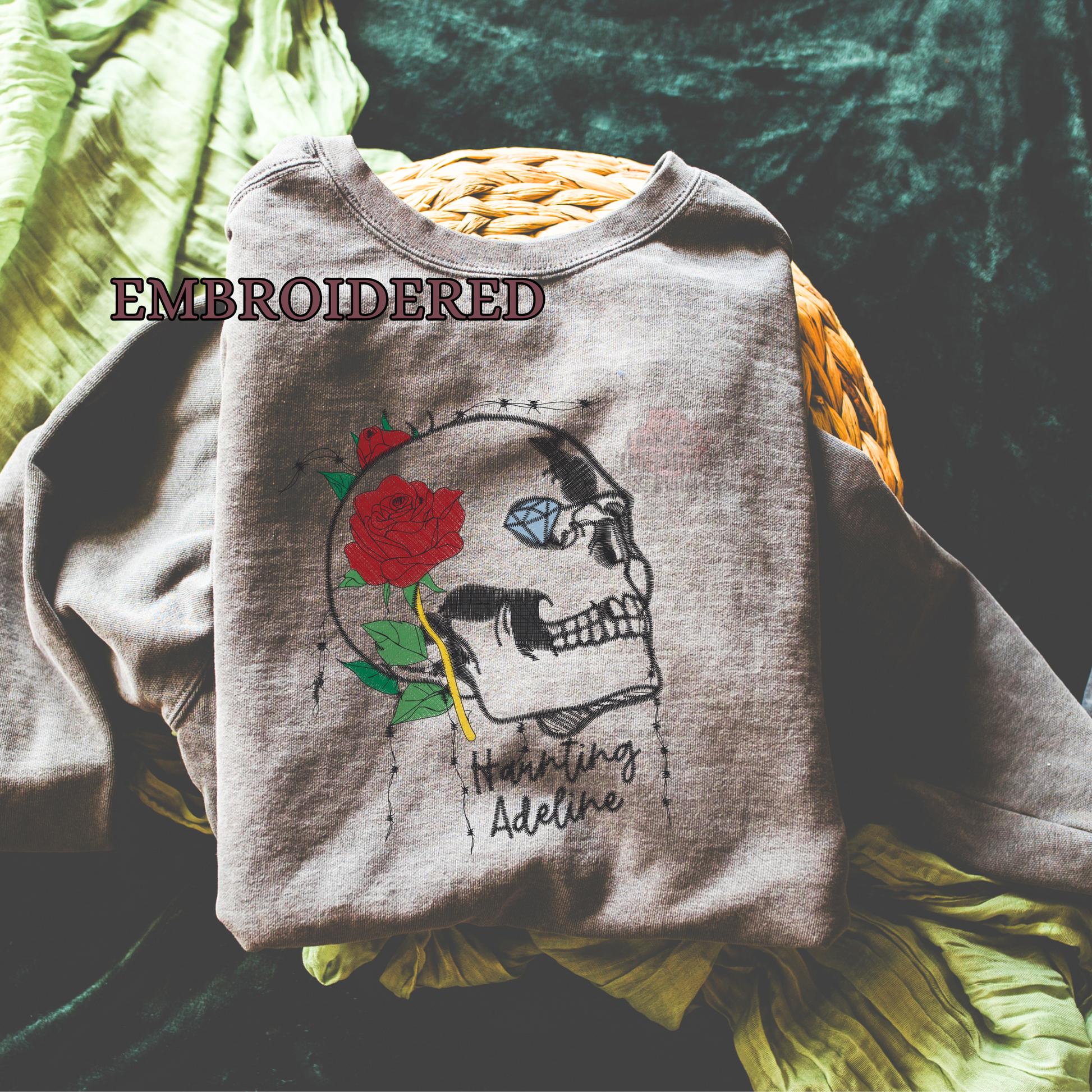 OFFICIALLY LICENSED HD CARLTON Haunting Adeline Skull Embroidered Sweatshirt Fairytaleavenue